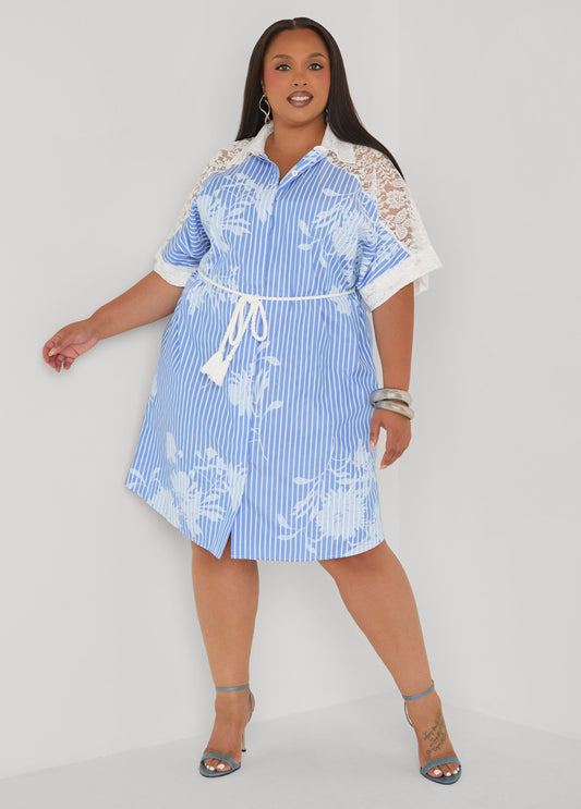Lace Paneled Printed Shirtdress