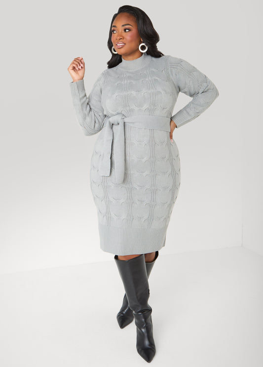 Plus Size Belted Cable Knit Sweater Dress