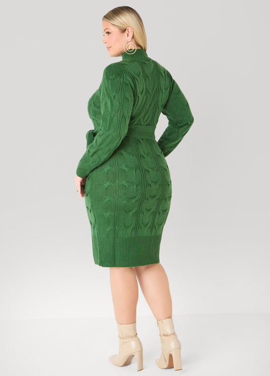 Belted Cable Knit Sweater Dress