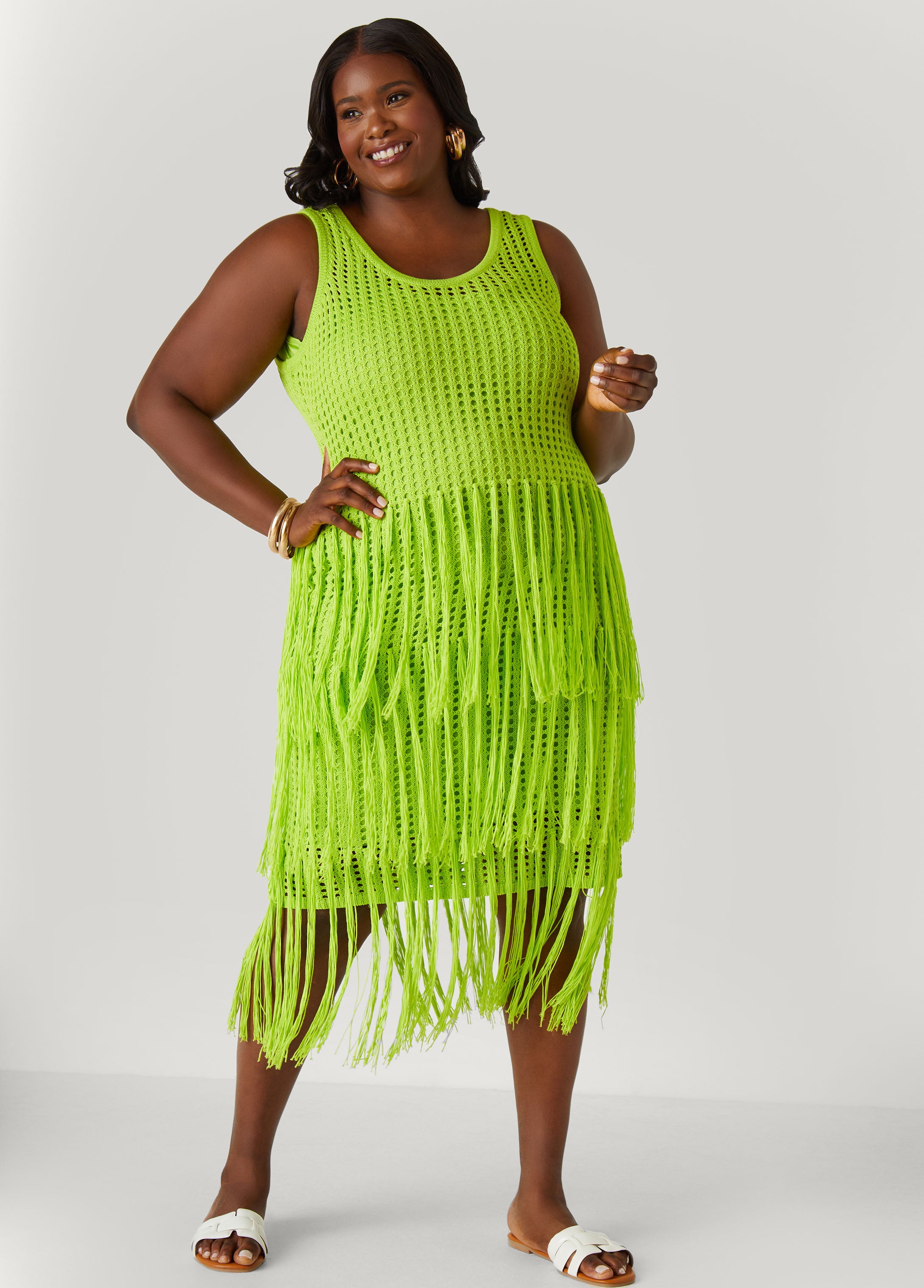 Plus Size Fringed Crochet Tank Dress
