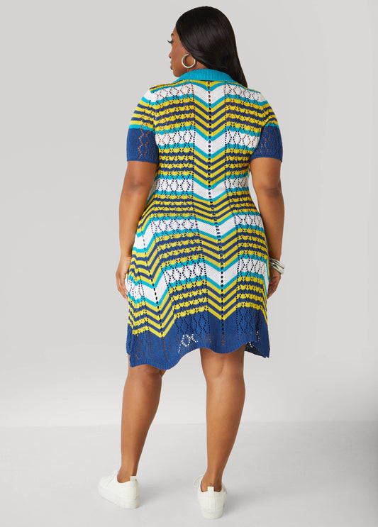 Striped Pointelle Knit Polo Dress