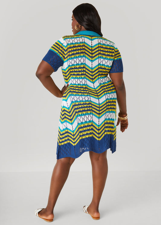 Striped Pointelle Knit Polo Dress