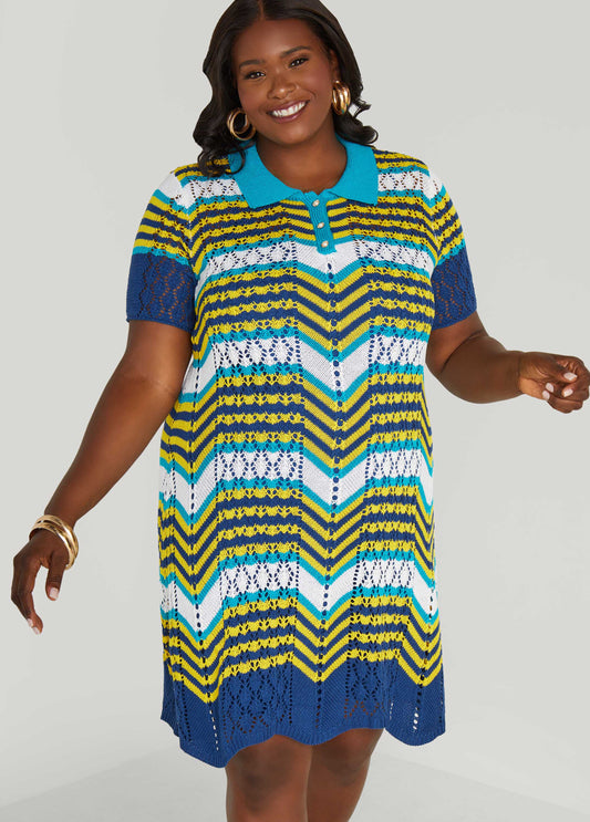 Plus Size Striped Pointelle Knit Polo Dress