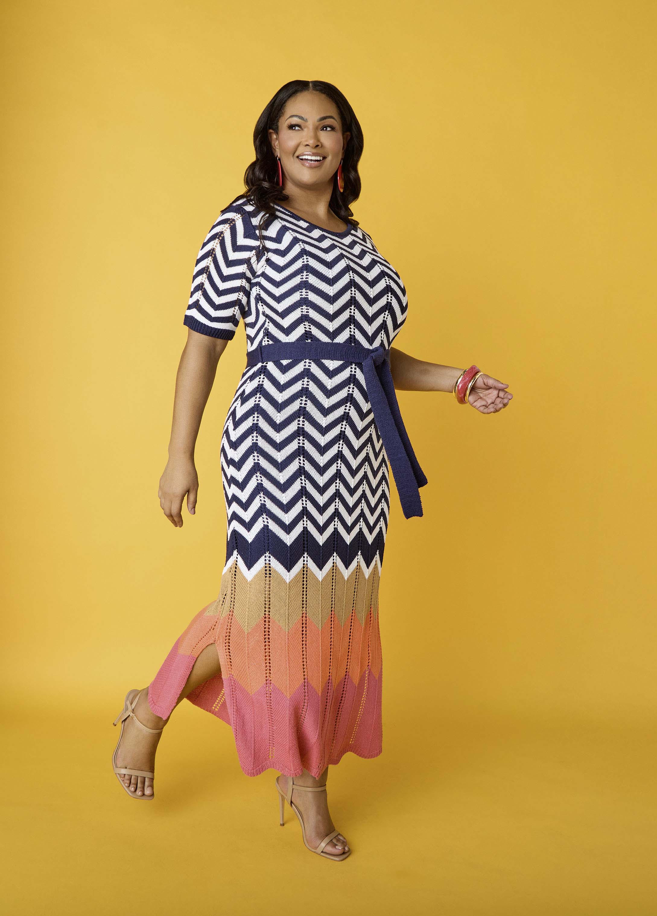 Plus Size Zig Zag Maxi Dress Colorblock Pointelle Knit Dress
