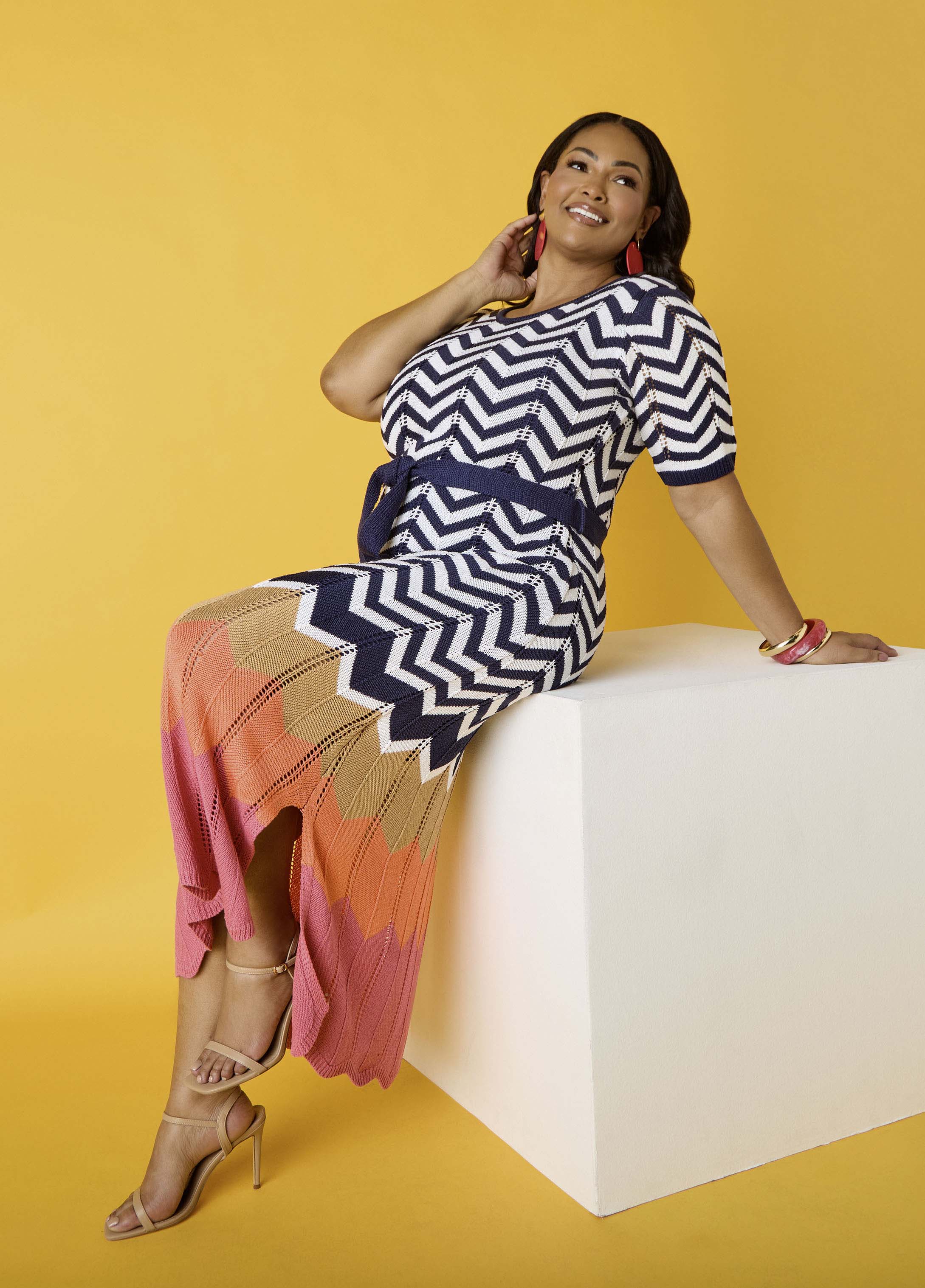 Plus Size Zig Zag Maxi Dress Colorblock Pointelle Knit Dress