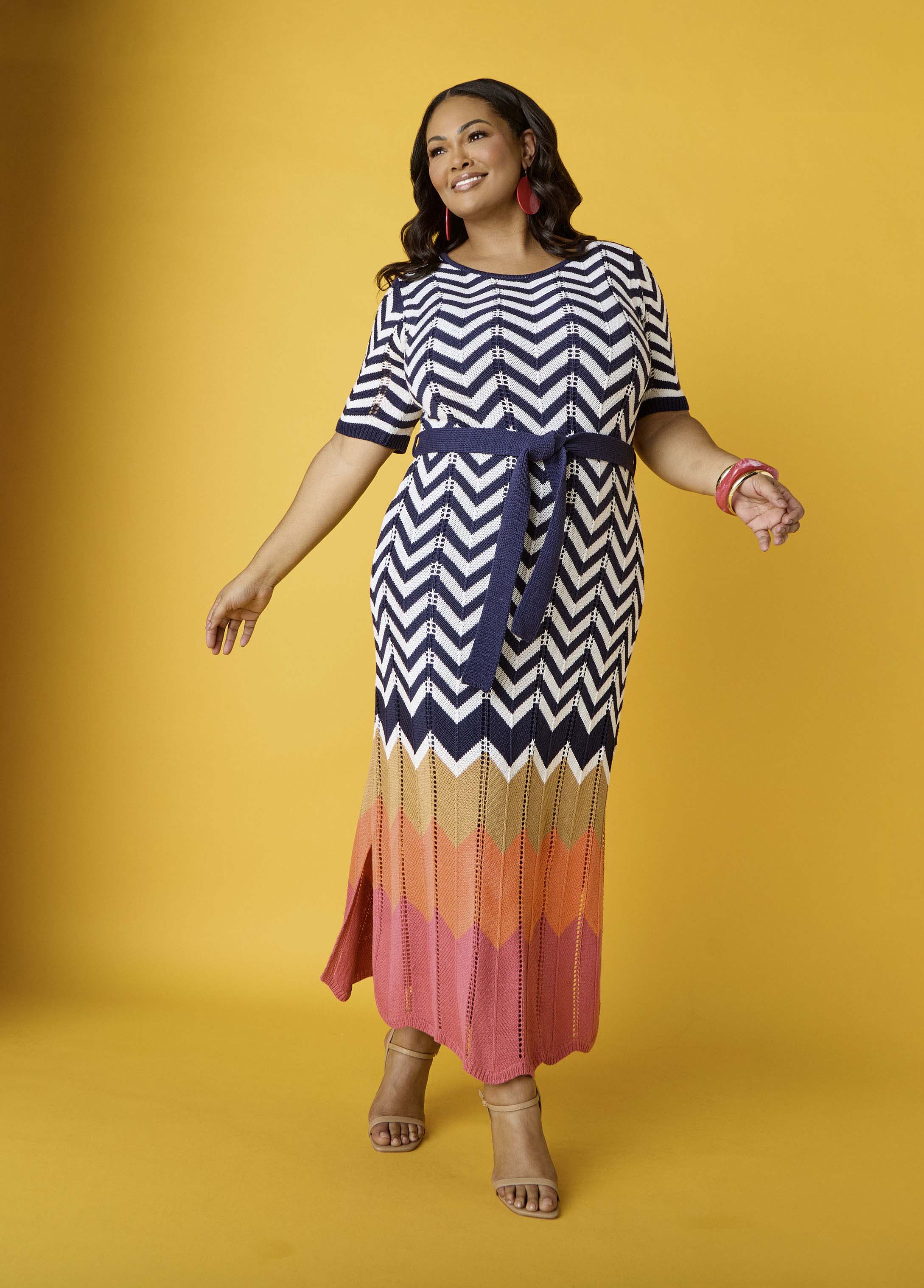 Plus Size Zig Zag Maxi Dress Colorblock Pointelle Knit Dress