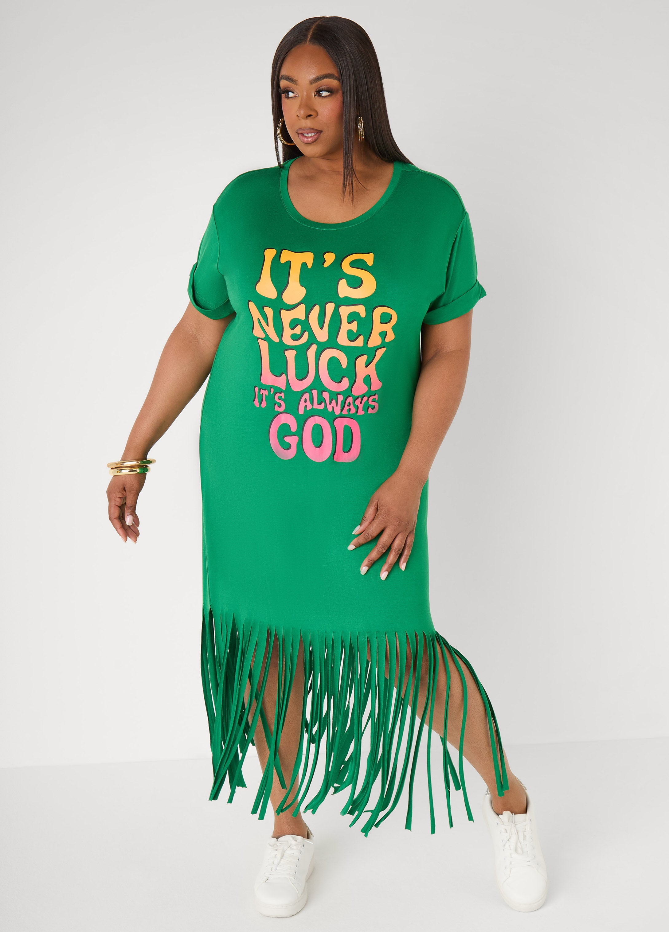 Plus Size Never Luck Always God Green Short Sleeve Maxi T Shirt Dress