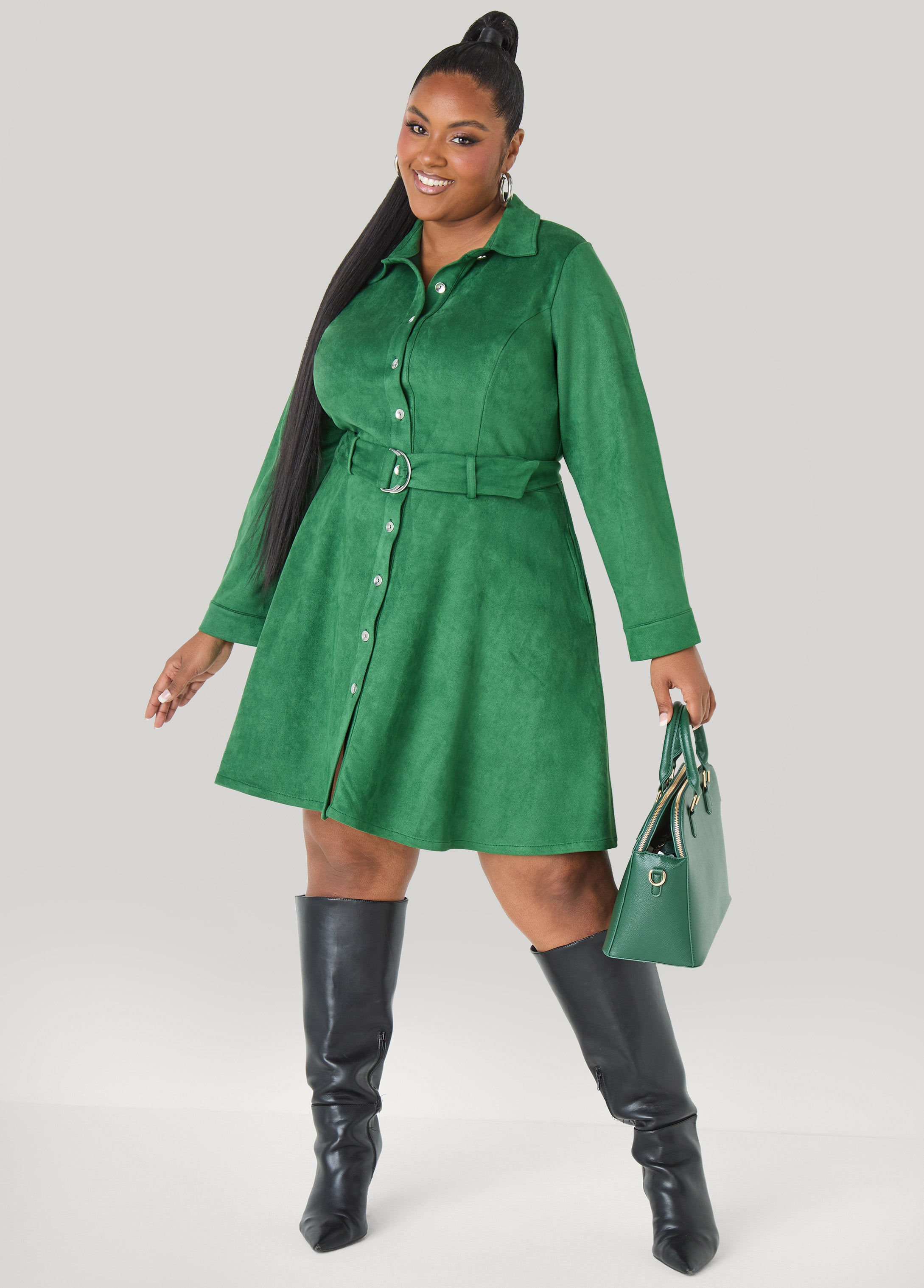 Plus Size A Line Suede Dress Green Fit Flare Dress