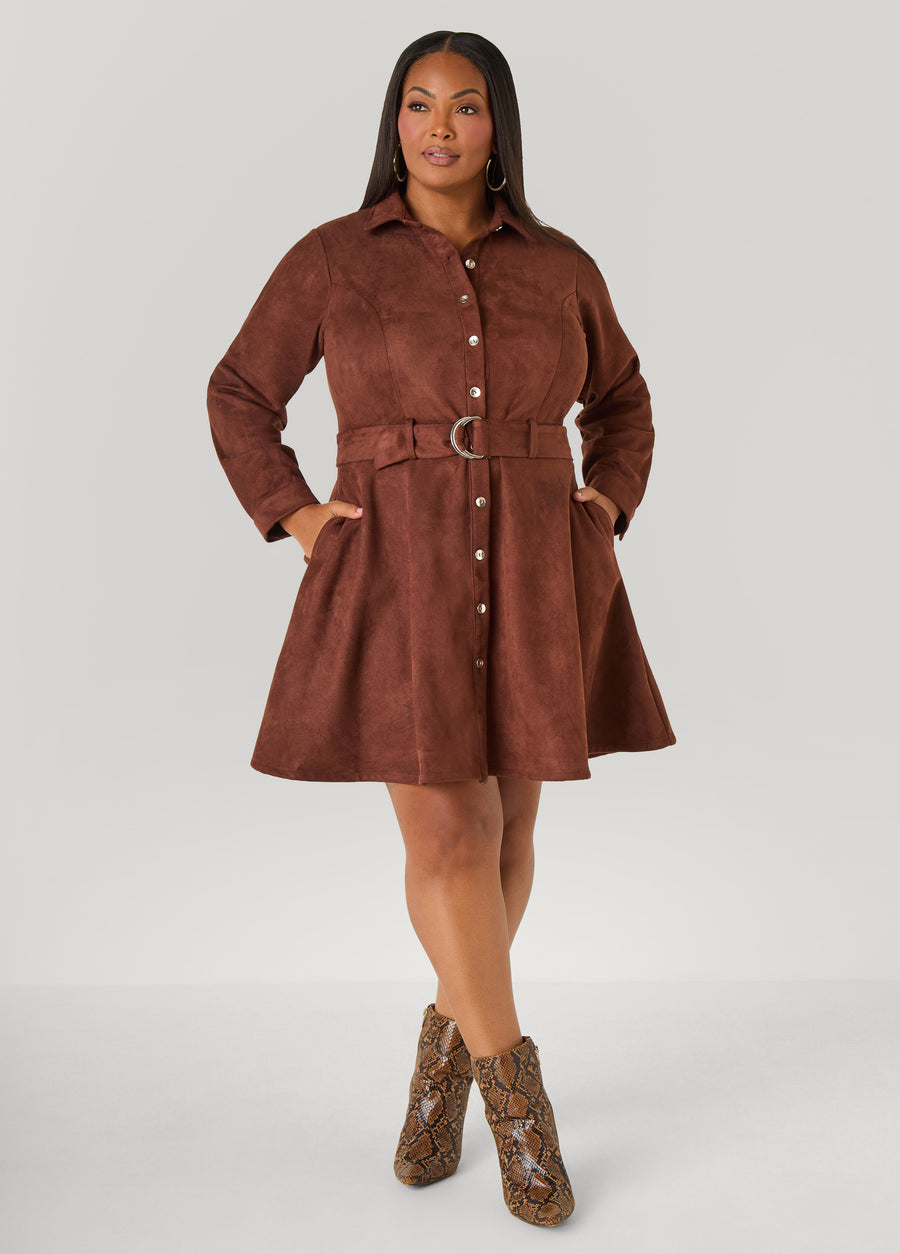 Faux Suede A Line Shirtdress