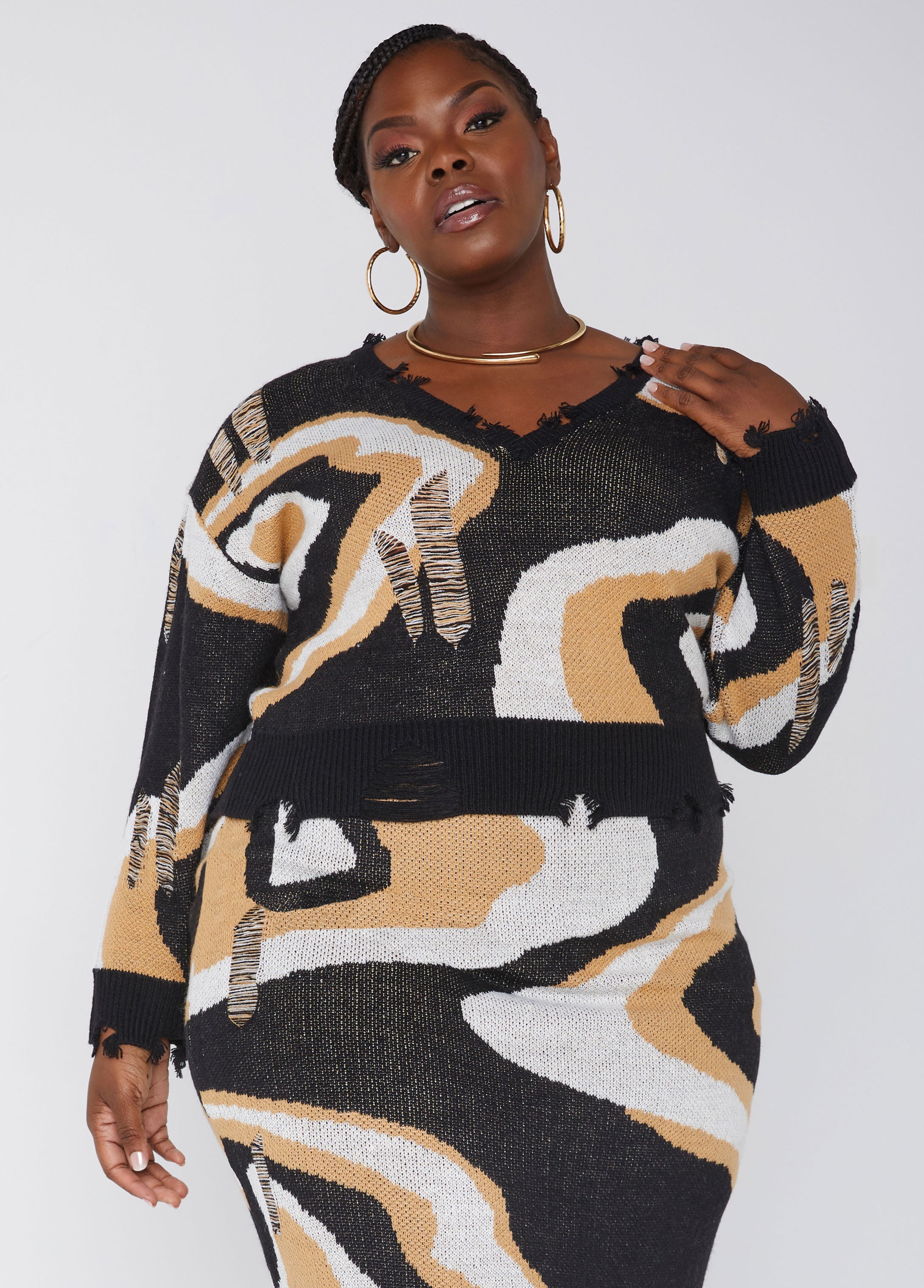 Plus Size Marbl Sweater Plus Size Knit Top And Skirt Two Piece Set