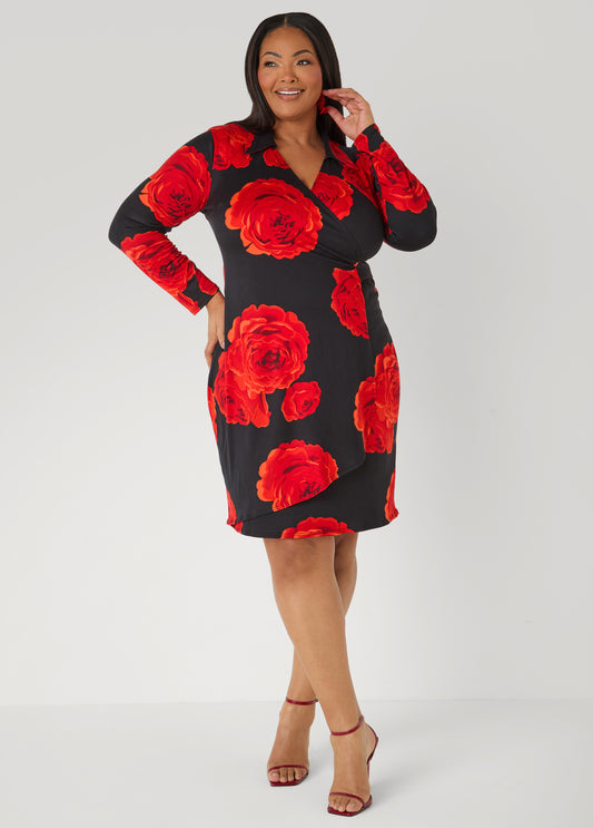 Rose Print Faux Wrap Dress