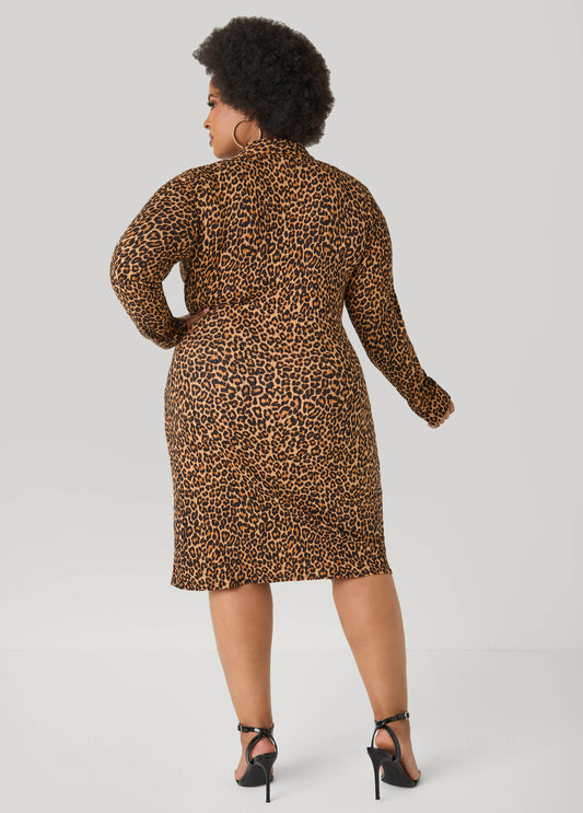 Ribbed Leopard Faux Wrap Dress