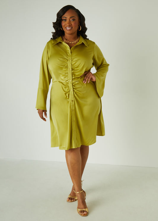 Ruched Satin Shirtdress
