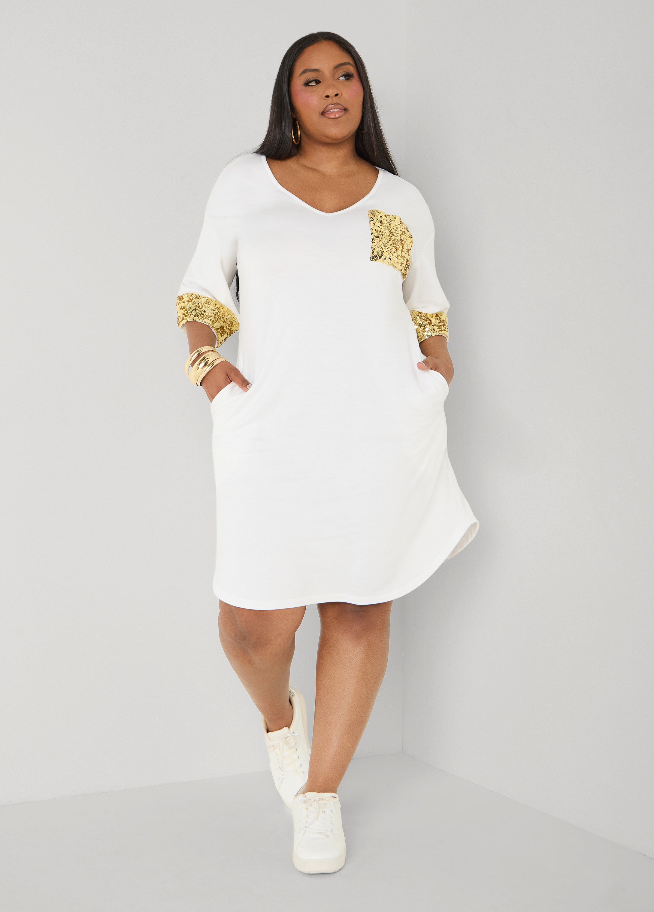 Plus Size Sequined Terry T Shirt Dress, Calypso Coral, 10 Plus Size Sequined Terry T Shirt Dress, Calypso Coral, 10