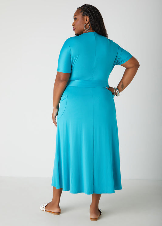 Belted Faux Wrap Midi Dress