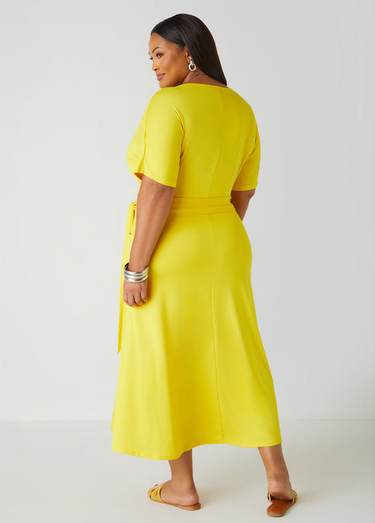 Belted Faux Wrap Midi Dress
