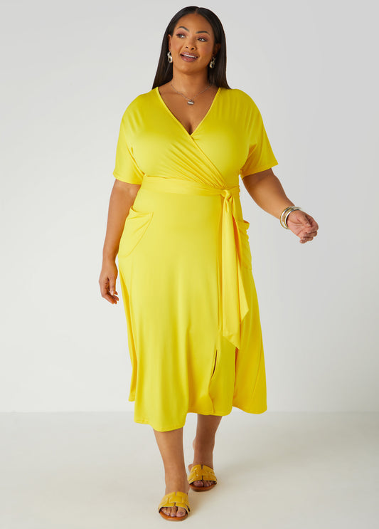 Belted Faux Wrap Midi Dress