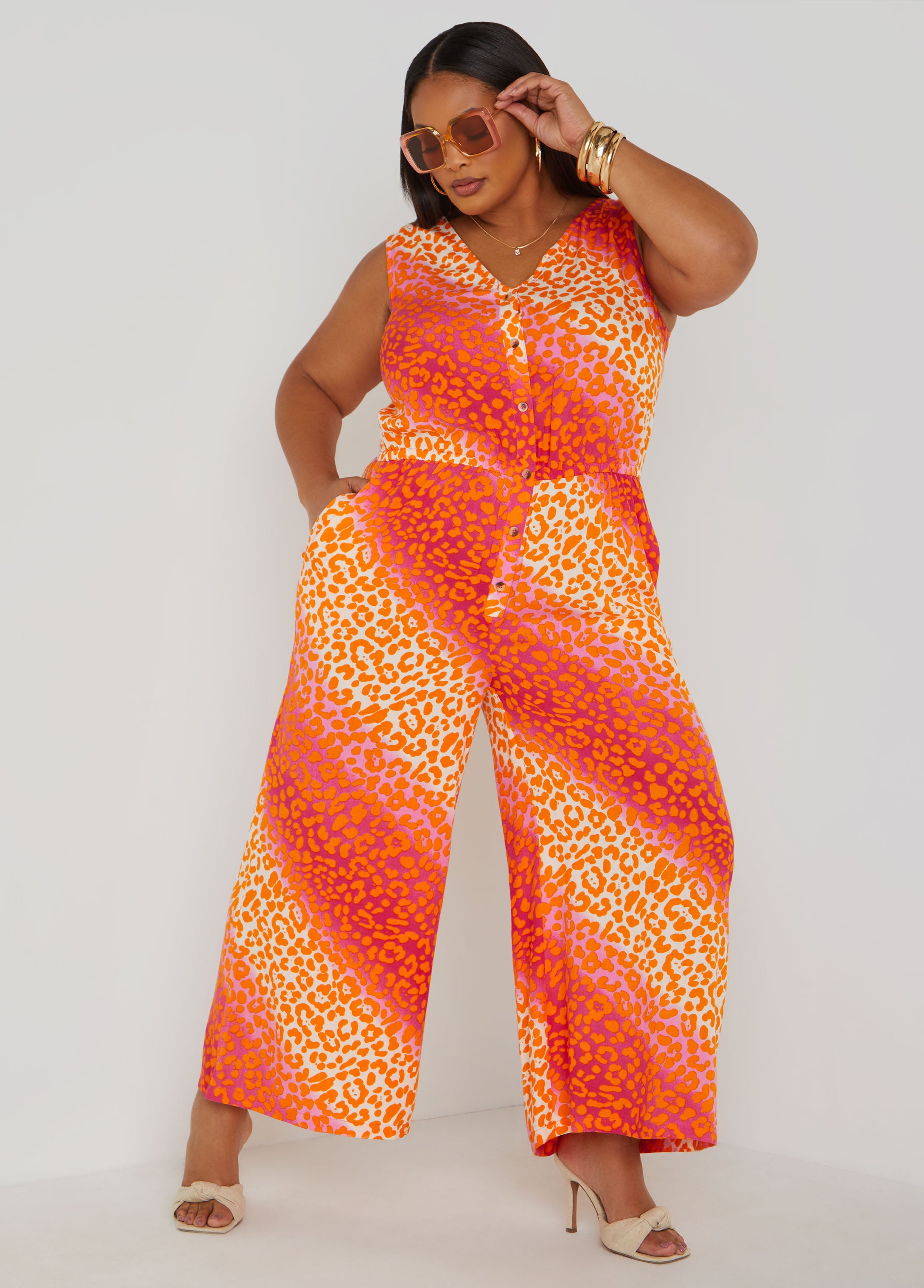 Plus Size Leopard Print Wide Leg Jumpsuit