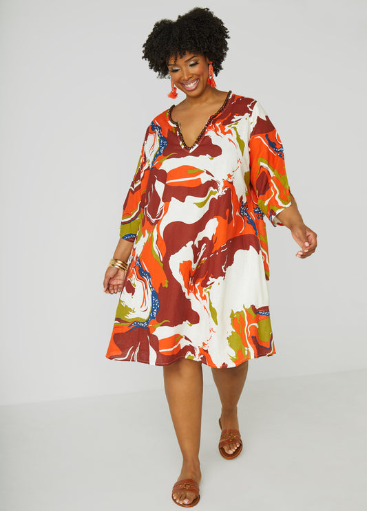 Plus Size Beaded Printed Tunic Dress
