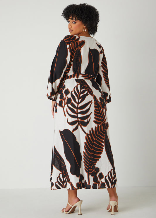 Belted Leaf Print Maxi Dress
