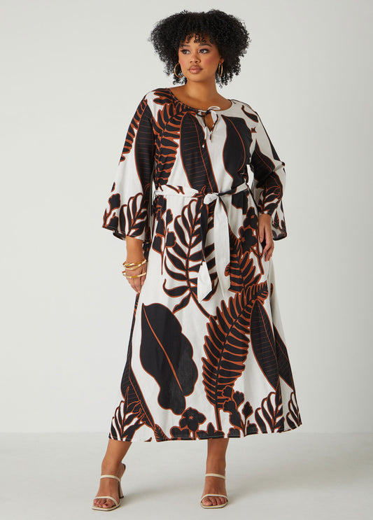 Plus Size Belted Leaf Print Maxi Dress