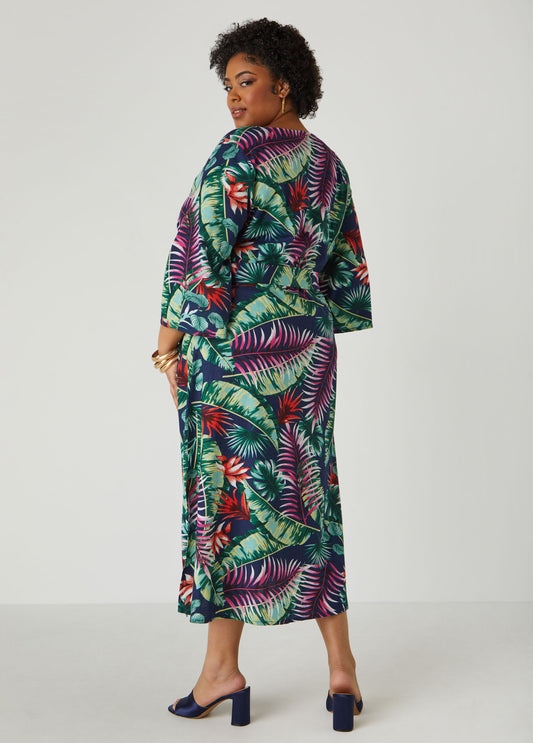 Belted Tropical Print Maxi Dress