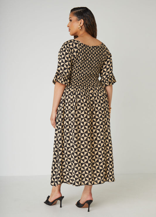 Shirred Geo Print Maxi Dress