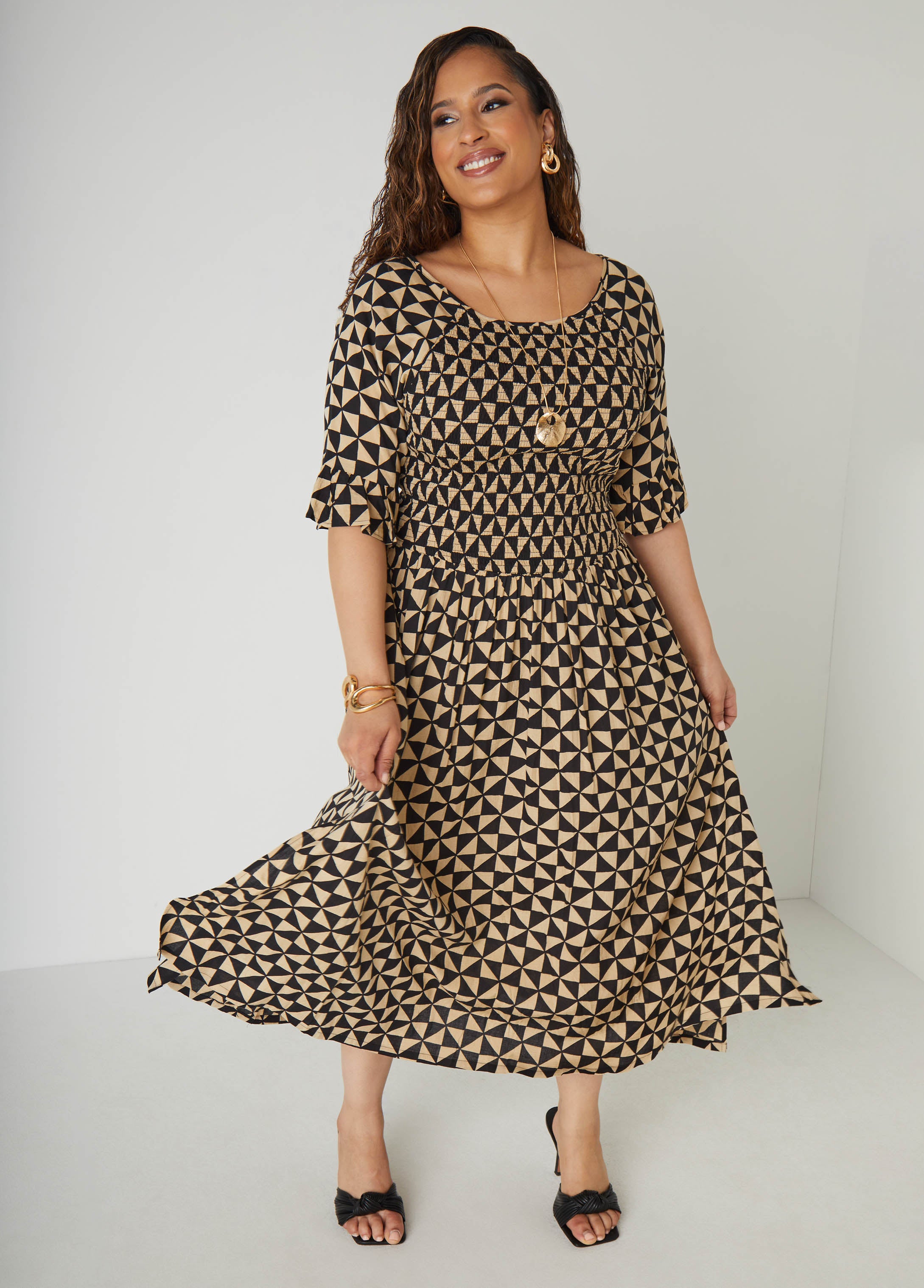 Plus Size Shirred Geo Print Maxi Dress