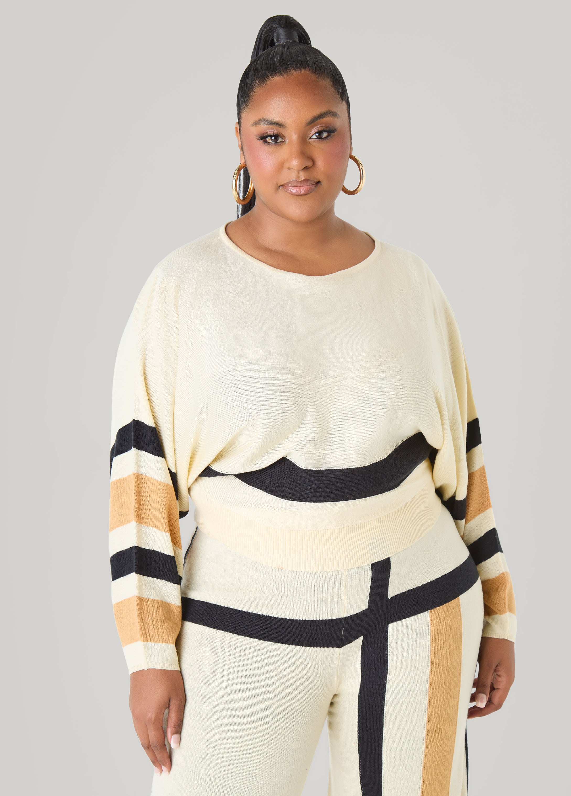 Plus Size Striped Crop Sweater Intarsia Knit Crop Top Matching Set
