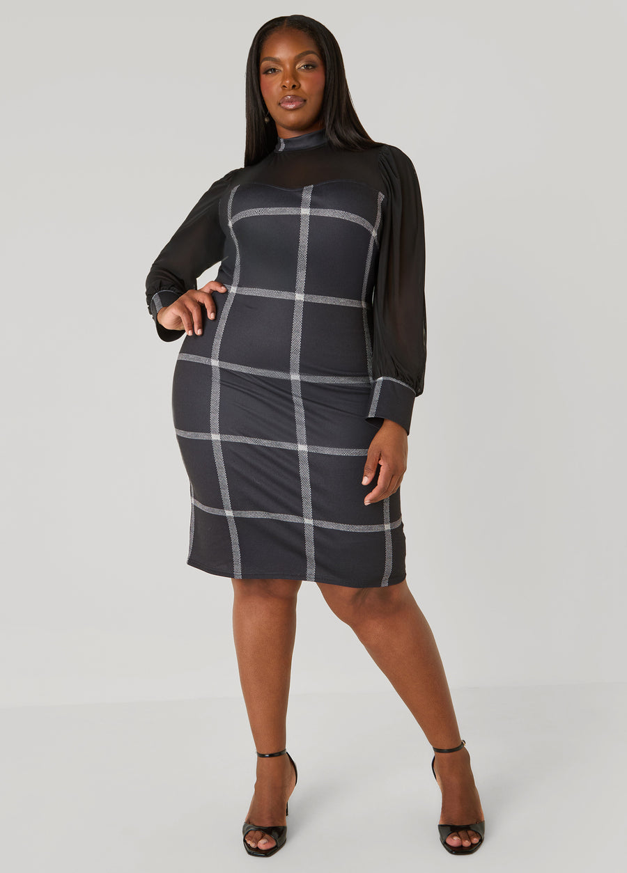 Mesh Paneled Plaid Sheath Dress