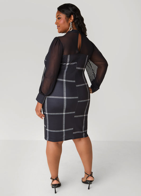 Mesh Paneled Plaid Sheath Dress