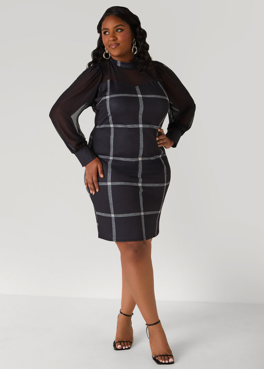 Plus Size Mesh Paneled Plaid Sheath Dress