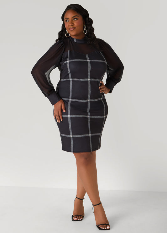 Plus Size Mesh Paneled Plaid Sheath Dress