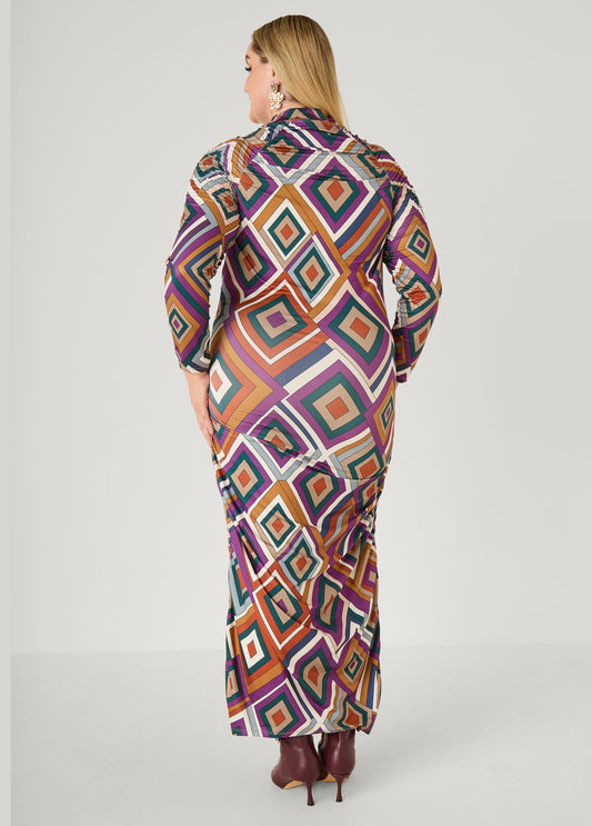 Ruched Diamond Print Bodycon Dress