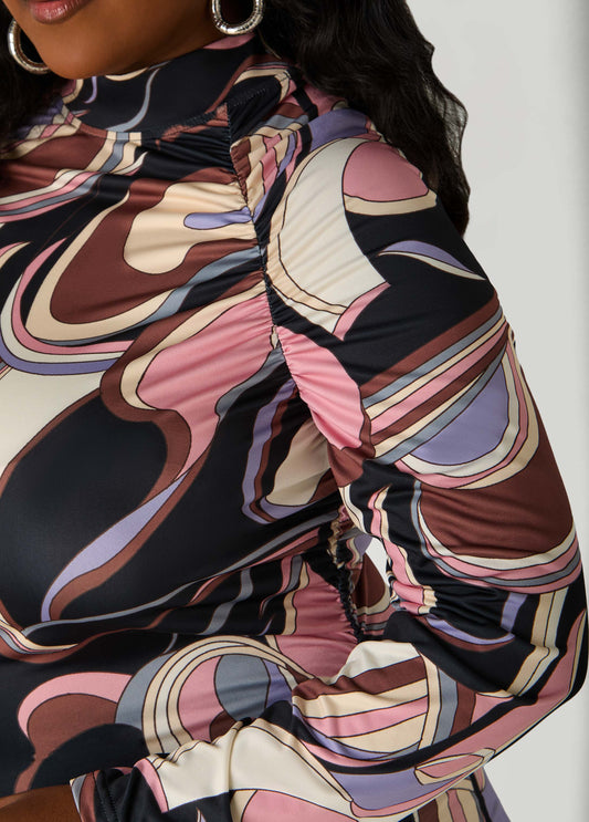 Ruched Abstract Bodycon Dress