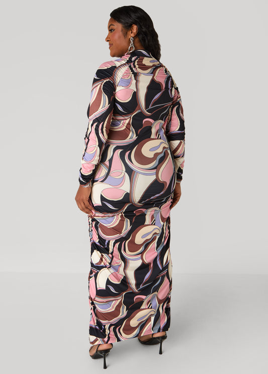 Ruched Abstract Bodycon Dress