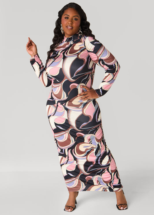 Plus Size Ruched Abstract Bodycon Dress