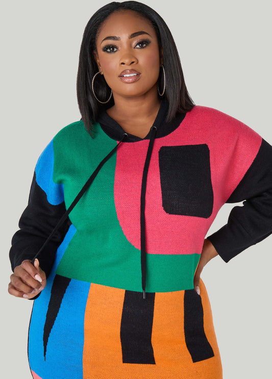Colorblock Hooded Sweater Dress