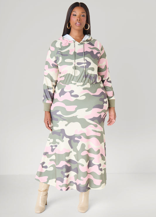 Plus Size Flounced Camo Maxi Dress
