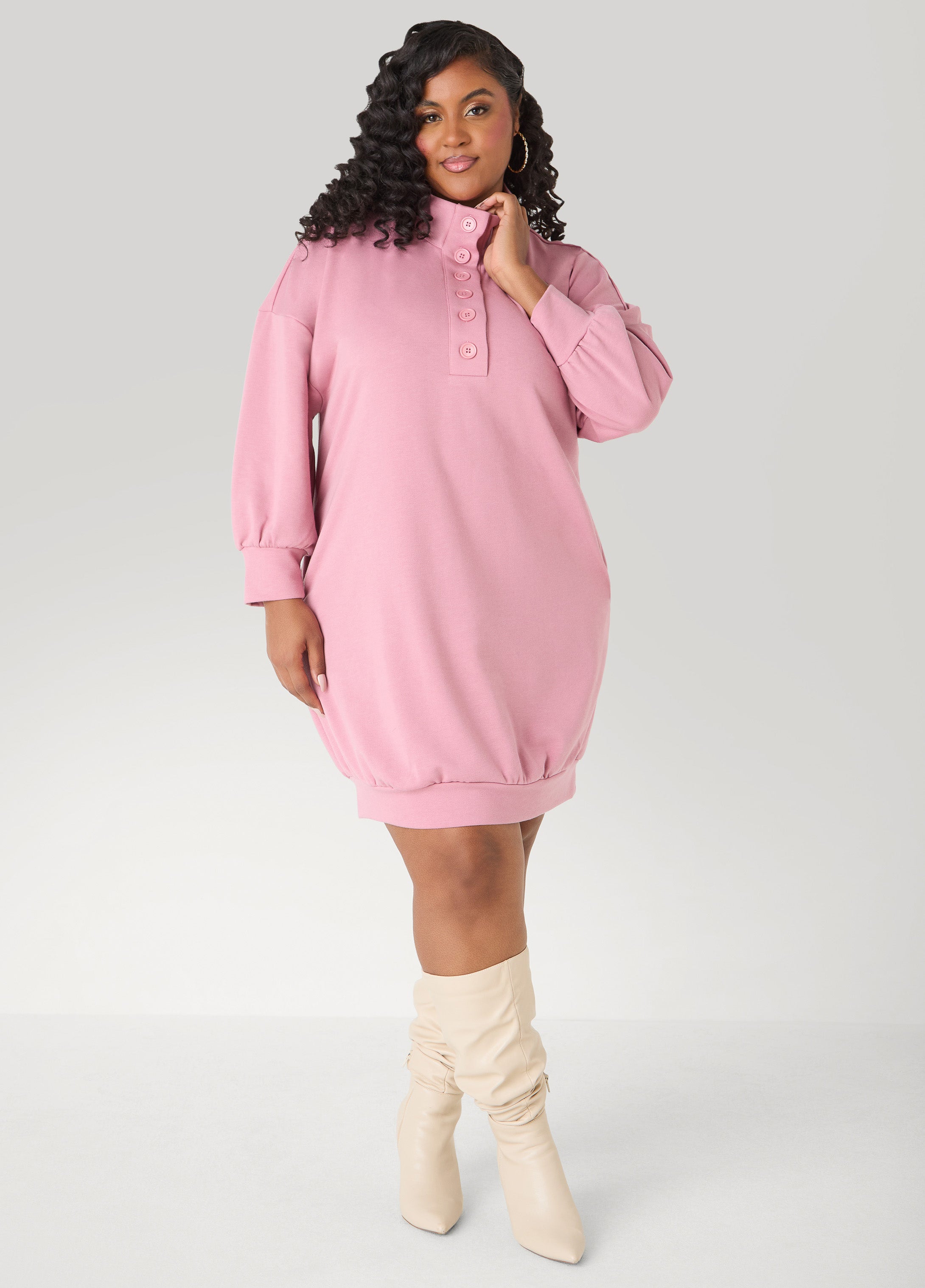 pink sweater dress plus size Button Front Sweatshirt Dress – Ashley Stewart