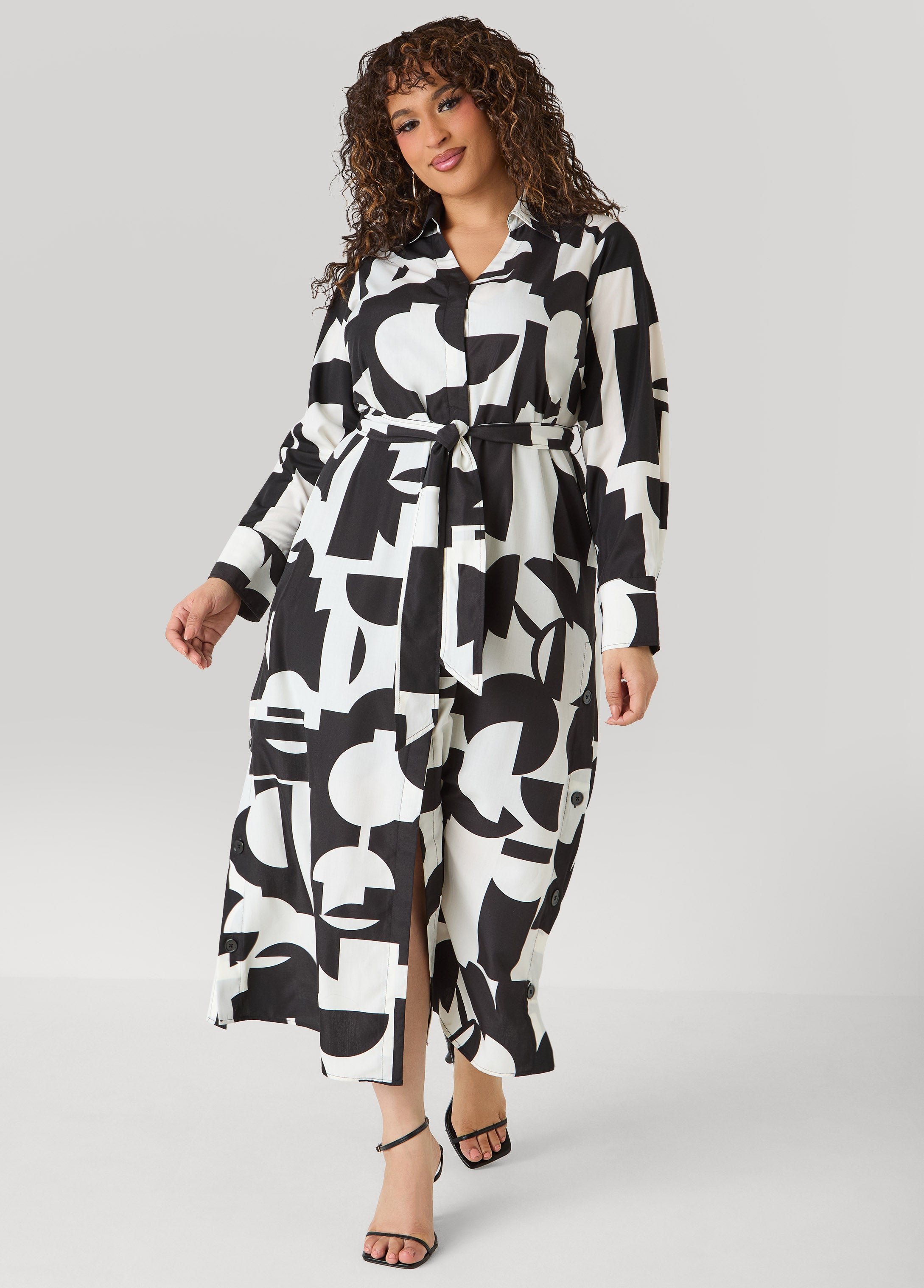 Button Detail Geo Maxi Shirtdress