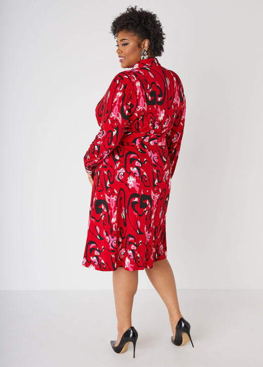 Belted Abstract Print Shirtdress