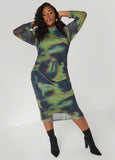Ruched Printed Mesh Dress