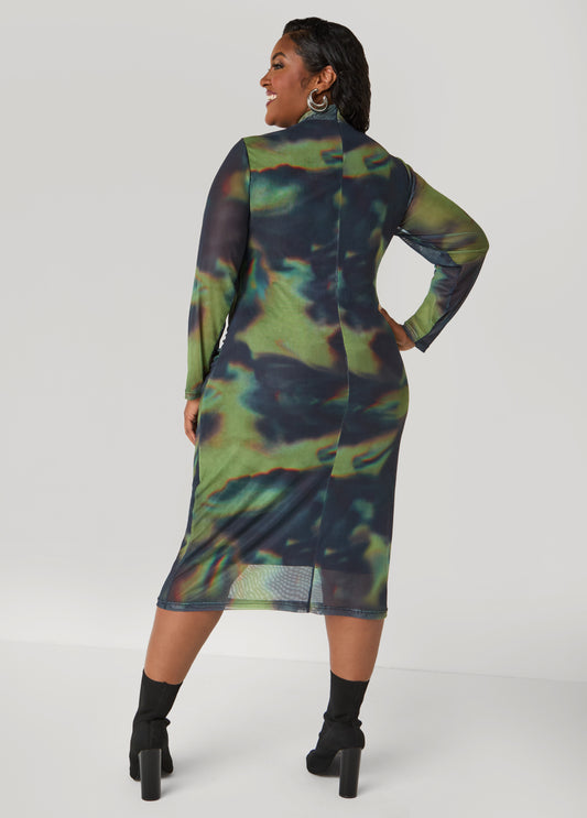 Ruched Printed Mesh Dress