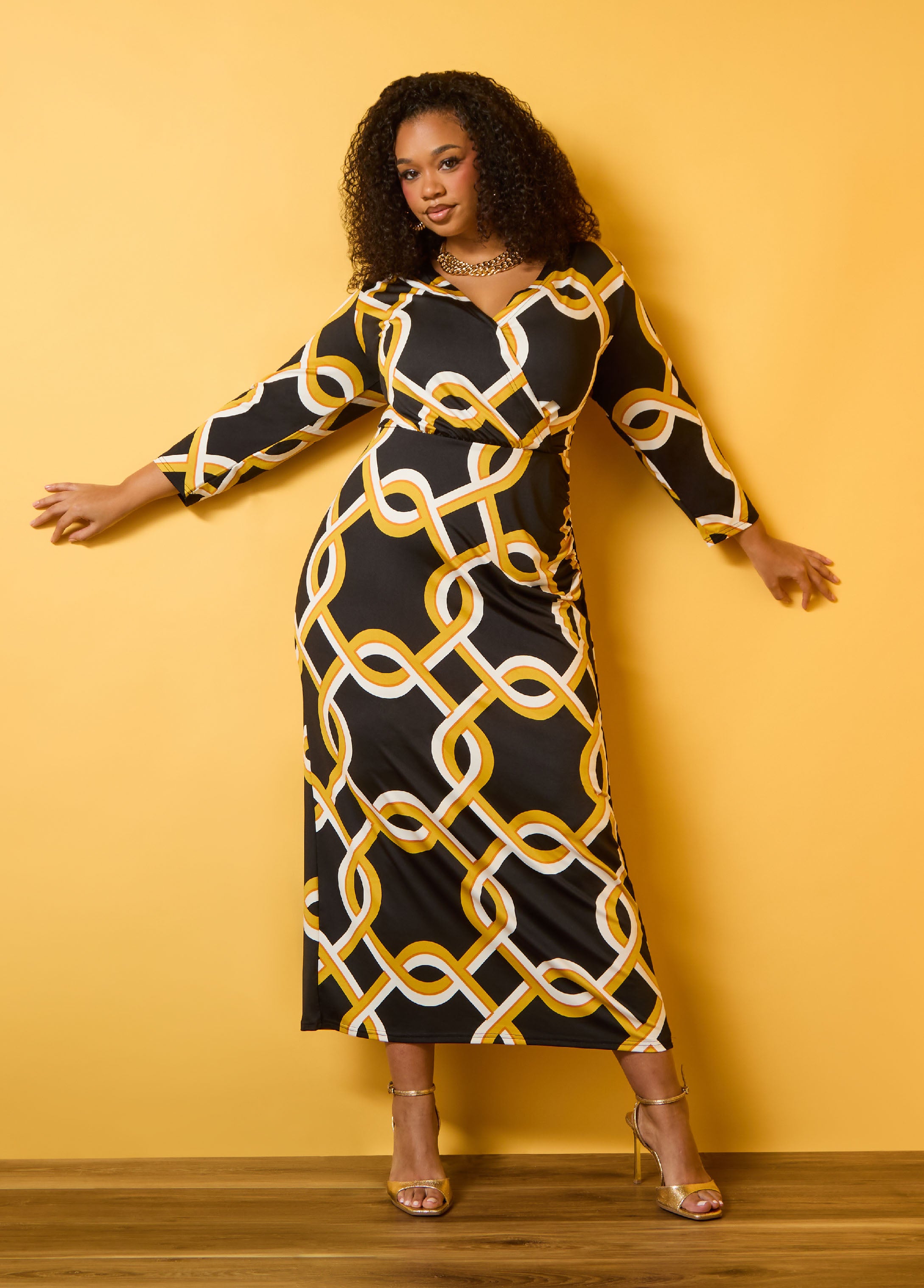 Plus Size link print wrap dress black maxi wrap dress knit dress