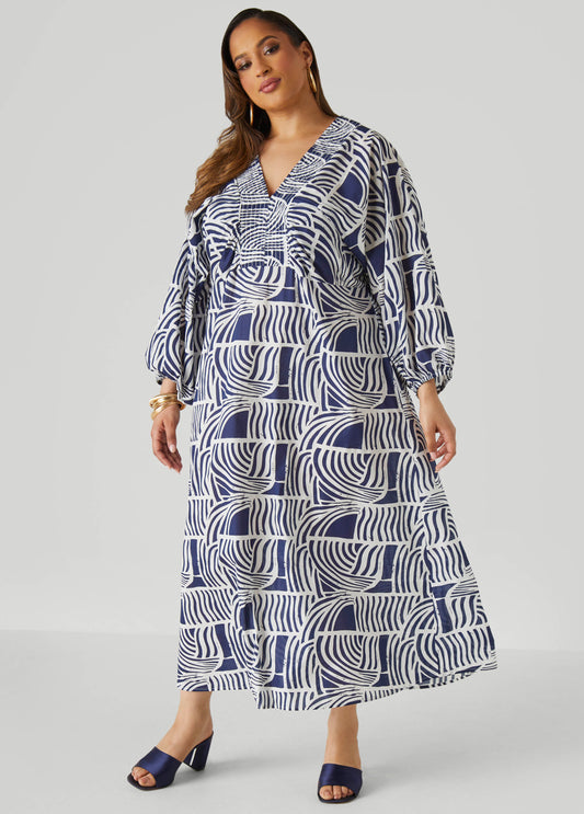 Plus Size Shirred Printed Cotton Dress