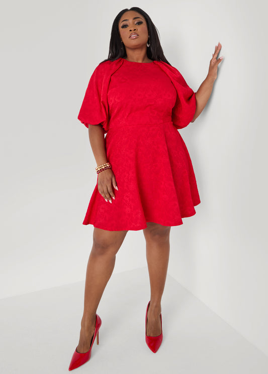 Plus Size Balloon Sleeved Matelasse Dress