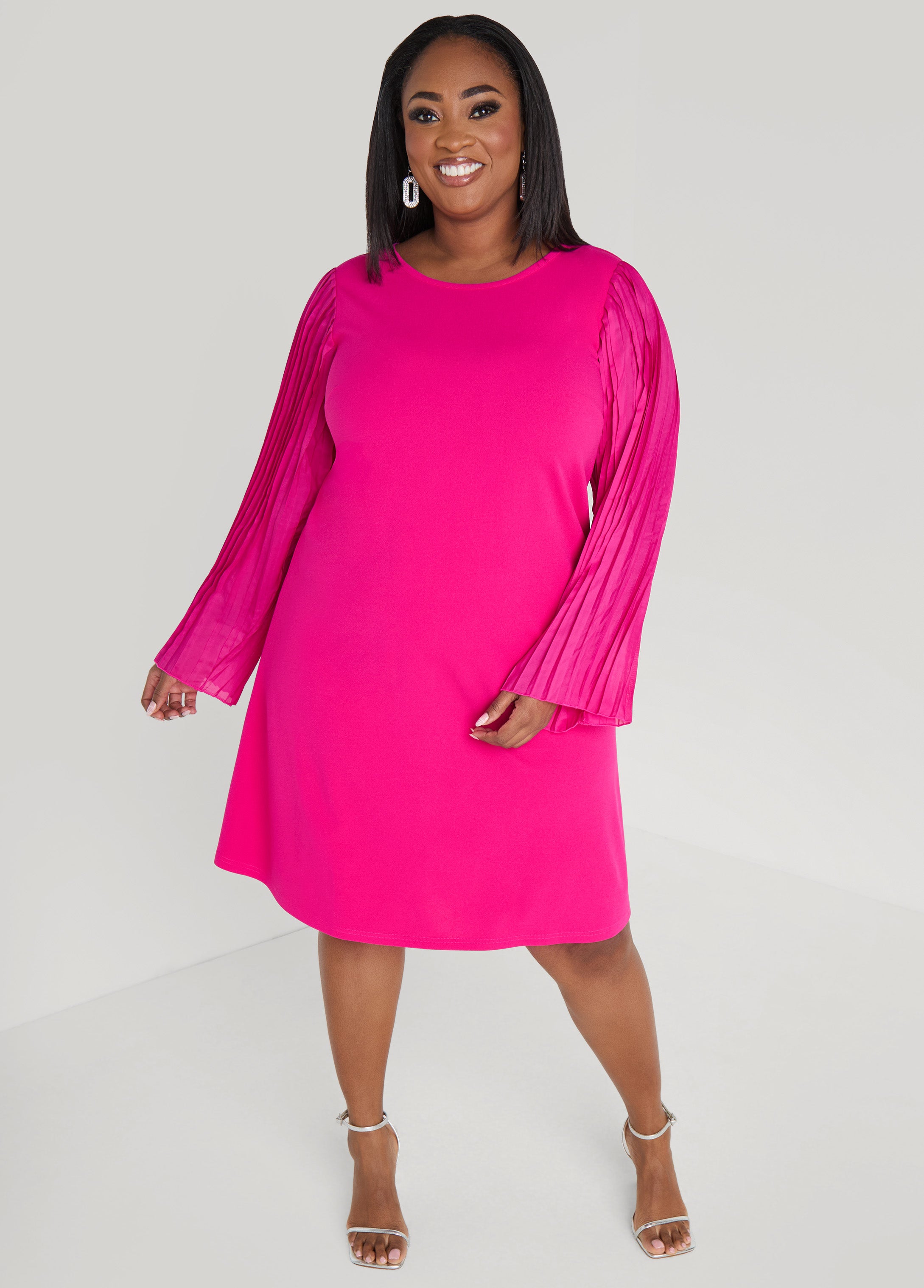 Plus Size Pleated Sleeved A Line Dress