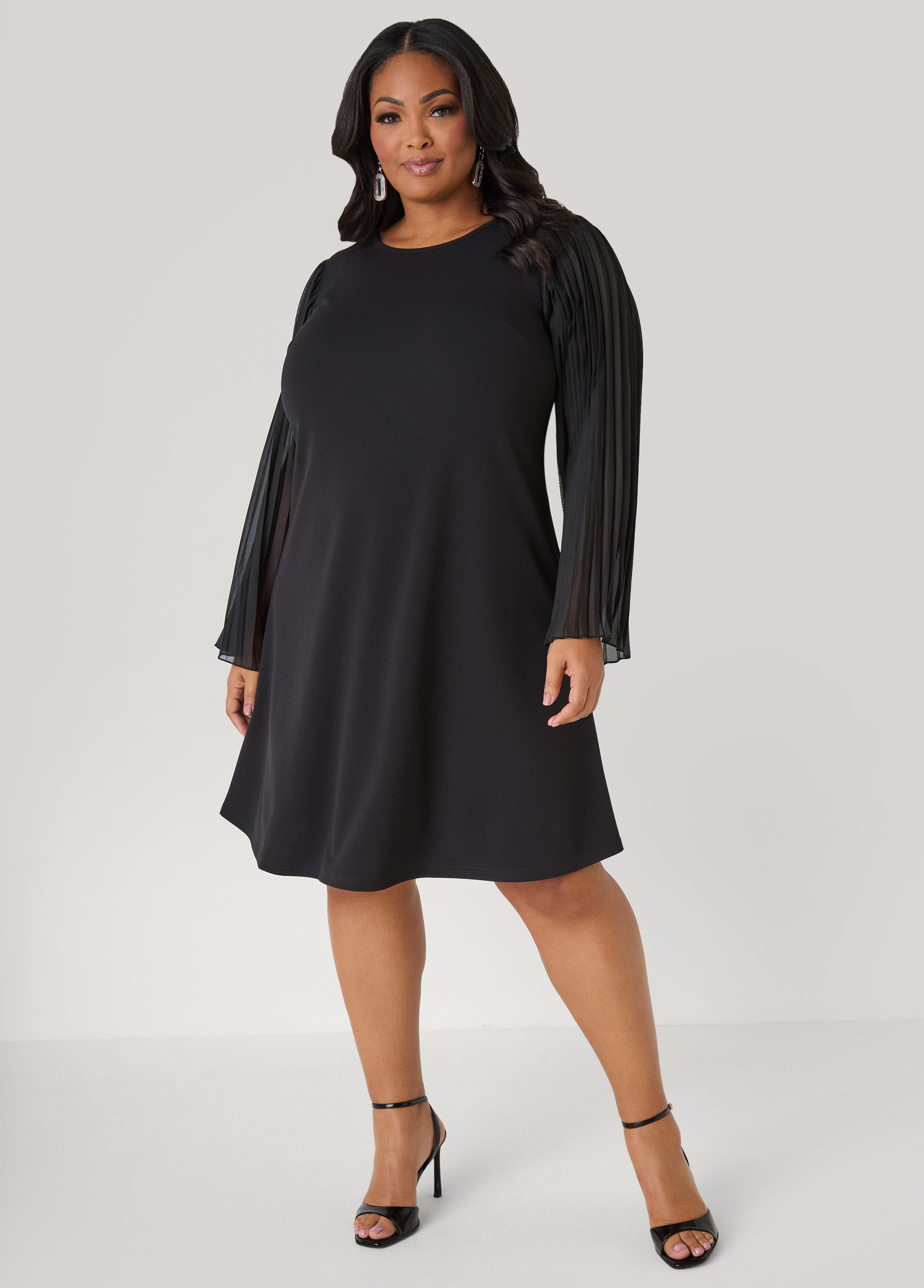 Plus Size Pleated Sleeve A Line Dress
