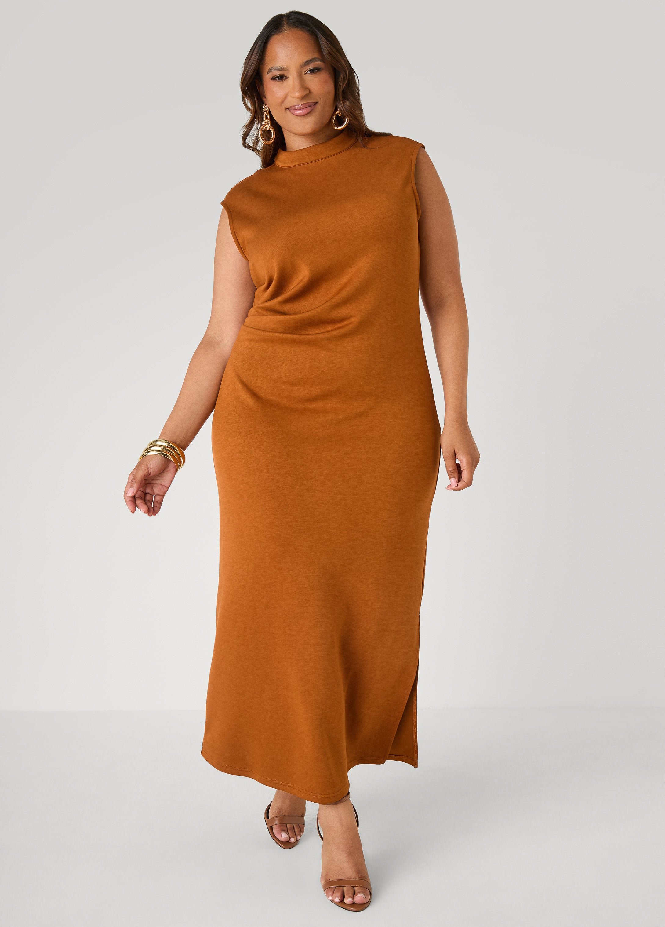 Pleated Mock Neck Maxi Dress
